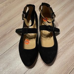 Black suede flats with straps